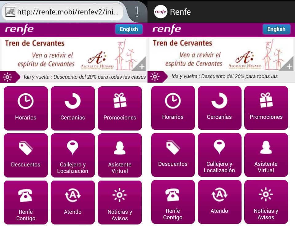 Páginas principales de Renfe.mobi (izquierda) y de la aplicación (derecha). Páginas principales de Renfe.mobi (izquierda) y de la aplicación (derecha).