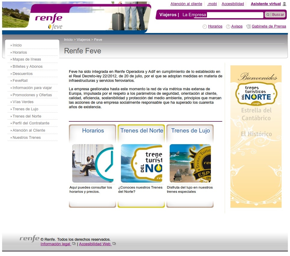 Captura de pantalla de la web de Renfe Feve Captura de pantalla de la web de Renfe Feve
