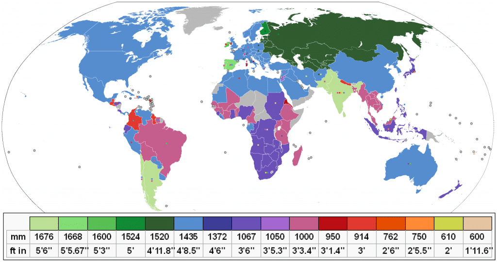 Mapa mundi en el que se puede ver el ancho de vía que emplea cada país. Imagen realizada por DePiep.