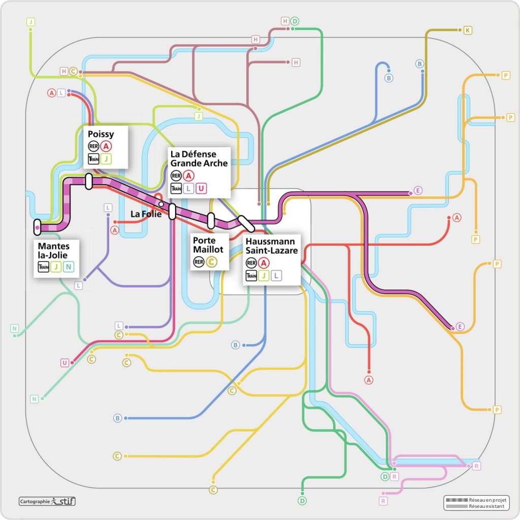 Mapa de la ampliación de la línea E del RER de París. Esta extensión dará servicio al oeste de la capital francesa. Imagen © STIF