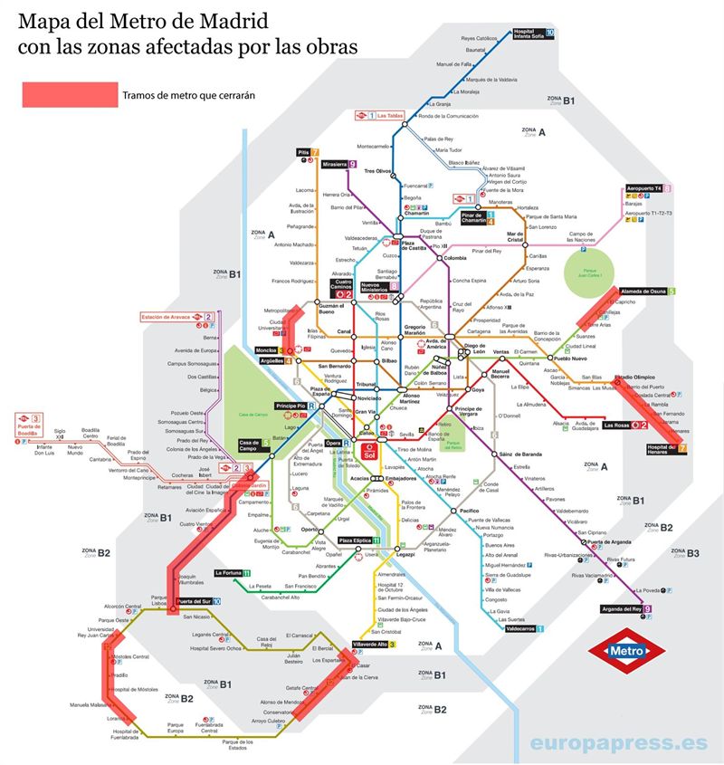 Plano de Metro de Madrid con las zonas afectadas por la Operación Túnel.