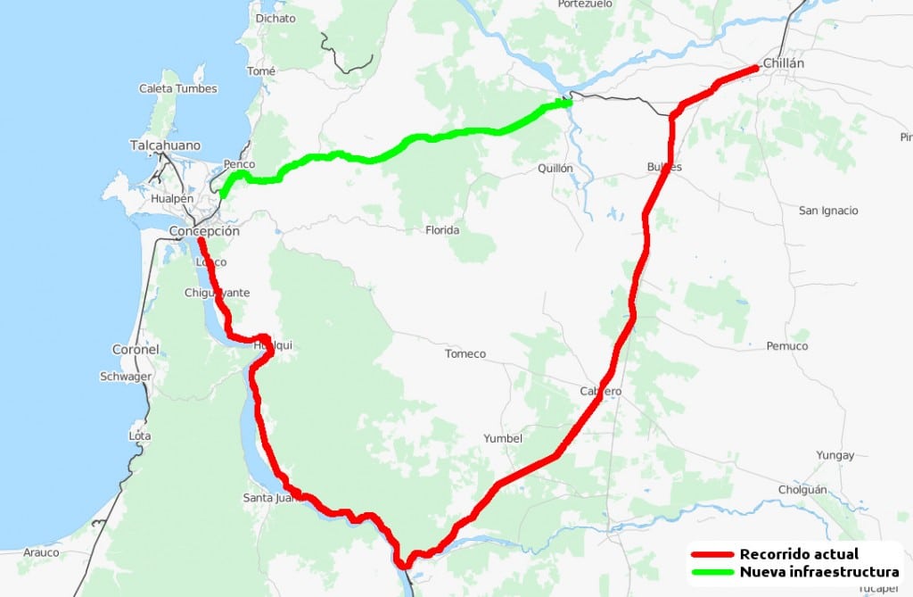 Mapa basado en Open Street Maps en el que se muestra el trazado actual en rojo y la nueva vía en verde.