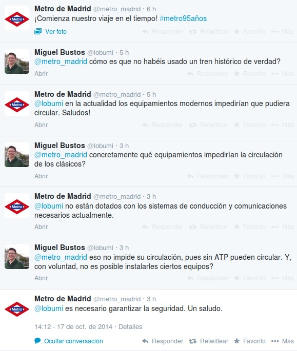 Justificación oficial de Metro de Madrid en Twitter para no usar un auténtico tren histórico