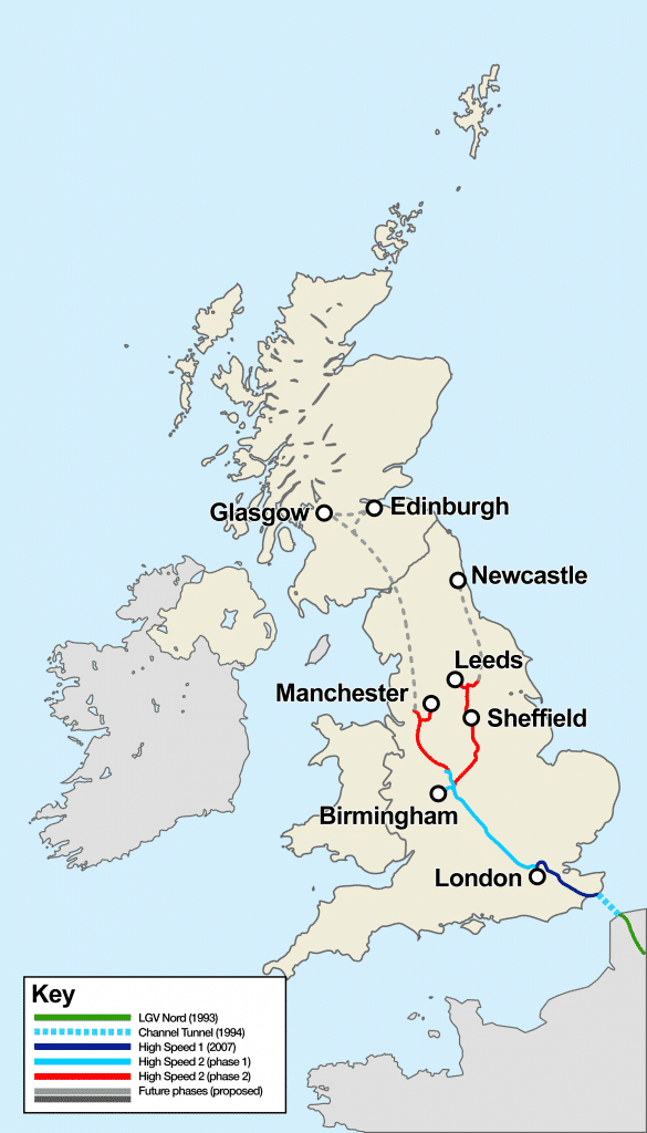 Mapa de la red de alta velocidad británica en la que aparece el proyecto HS2, actualmente en desarrollo. Imagen elaborada por Cnbrb.