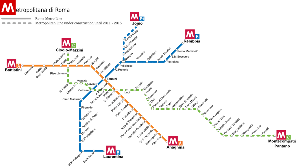 Nuevo mapa del metro de Roma, que incluye el recorrido de la línea C, aún en construcción.