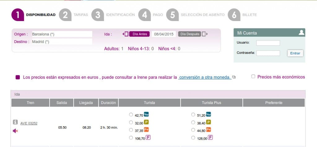 Venta de billetes para el primer AVE del día entre Madrid y Barcelona menos de 24 horas antes de su salida.