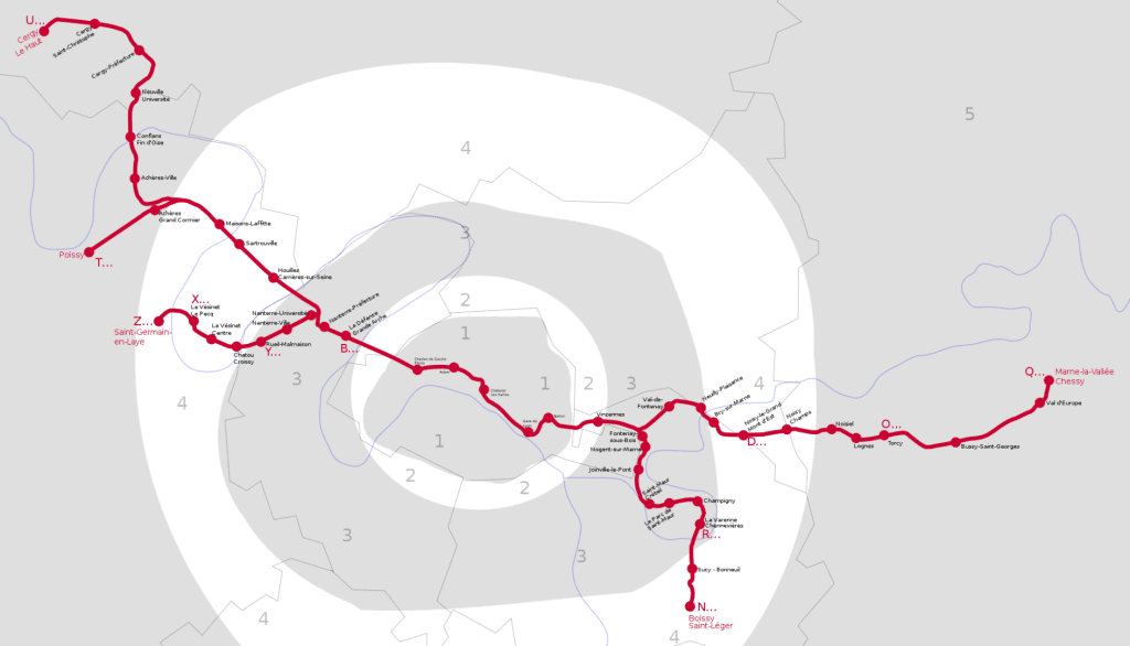 Plano geográfico del RER A, con sus coronas tarifarias, dibujado por Benoit Mortgat.