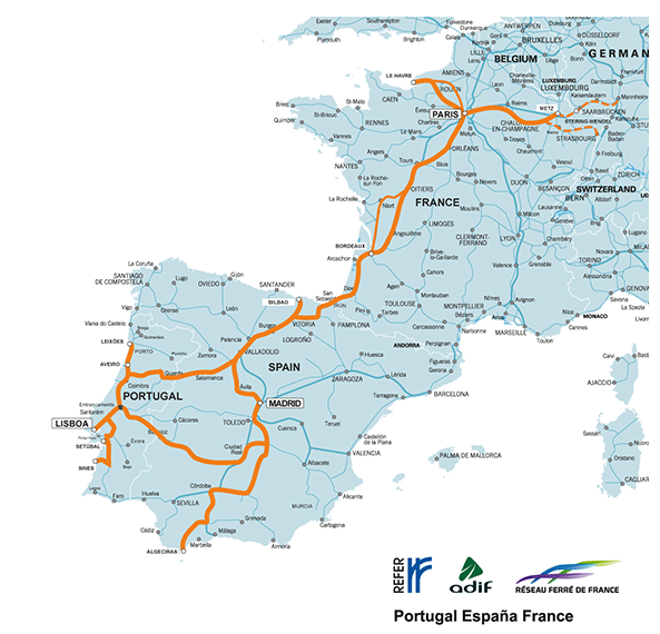 El Corredor Atlántico comprende las conexiones ferroviarias entre Portugal, España y Francia, con una extensión futura a Alemania. Foto: Corredor Atlántico.