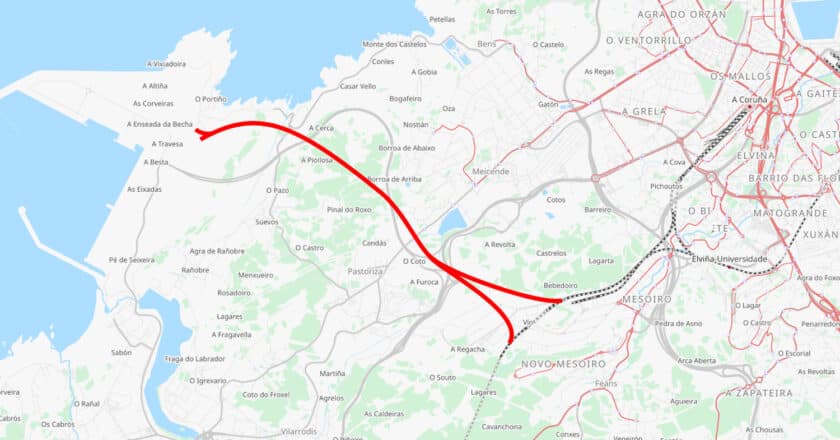 Orientation map of the route of the railway access to the Outer Harbour of La Coruña based on OpenStreetMap.