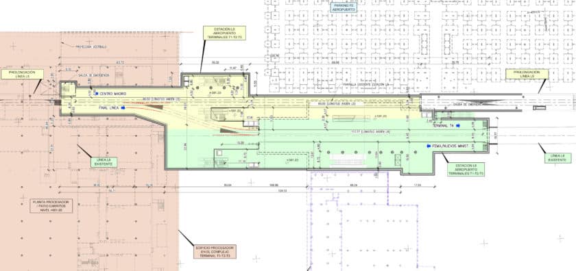Andenes de la nueva estación Aeropuerto T1-T2-T3 de la línea 5 en la alternativa C. © AYESA-COMUNIDAD DE MADRID.
