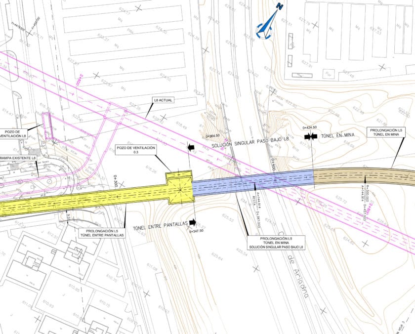 Paso de la línea 5 bajo el túnel de la línea 8 en la proximidad del aeropuerto. © AYESA-COMUNIDAD DE MADRID.