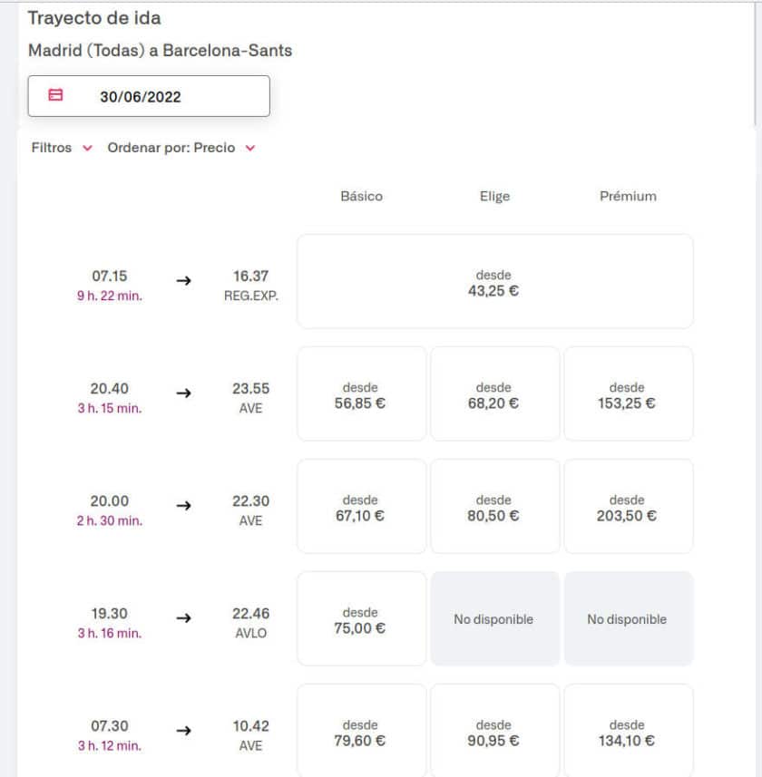 Billetes de Renfe entre Madrid y Barcelona para el 30 de junio de 2022 ordenados por precio