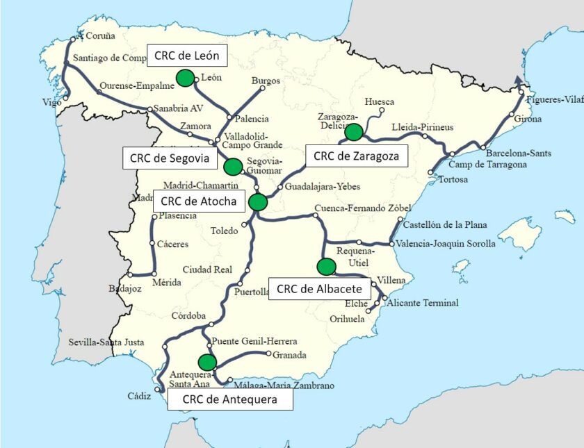 Mapa con los seis CRC de Adif que disponen de DaVinci. MIGUEL MELGAREJO.