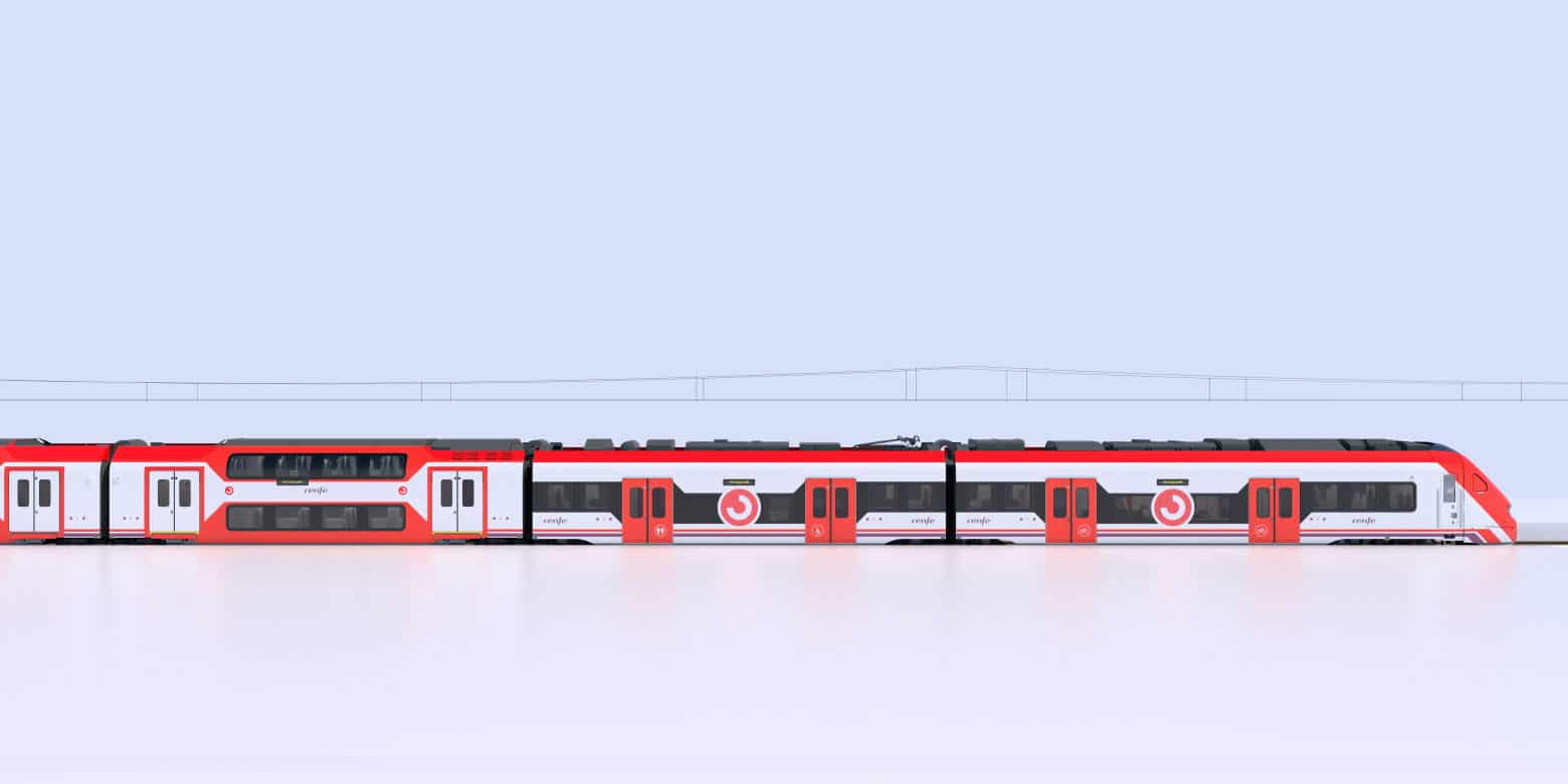 Vista lateral del tren con coches de uno y dos pisos en colores