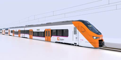 Vista del tren con los colores de Rodalies. © ALSTOM-RENFE.