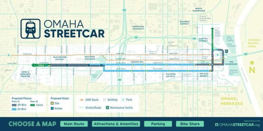 Mapa del futuro tranvía de Omaha