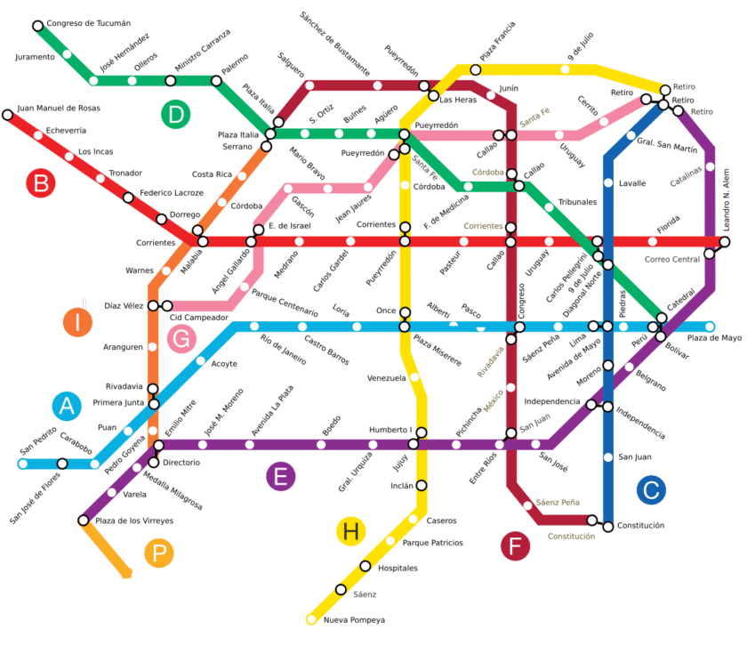 Plano del Subte de Buenos Aires con el recorrido completo de la línea F. (CC BY SA) GALIO-Wikimedia Commons.