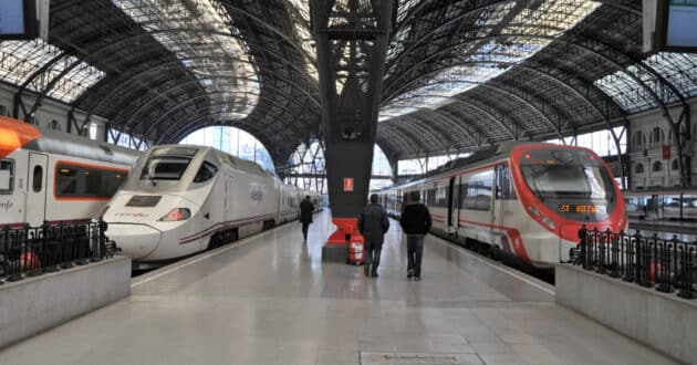 Renfe's Media Distancia and Cercanías PSO trains and long-distance commercial trains at Barcelona's Francia station (CC BY NC) JT CURSES-Flickr. Cropped image.