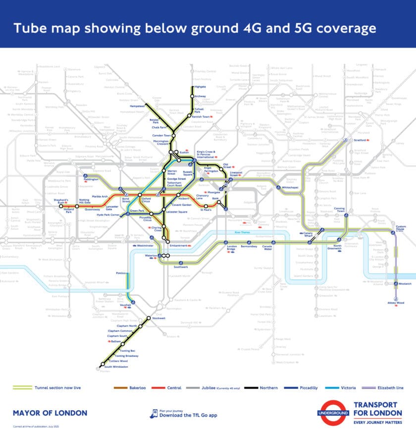 Updated map of London Underground areas with coverage. © TFL.