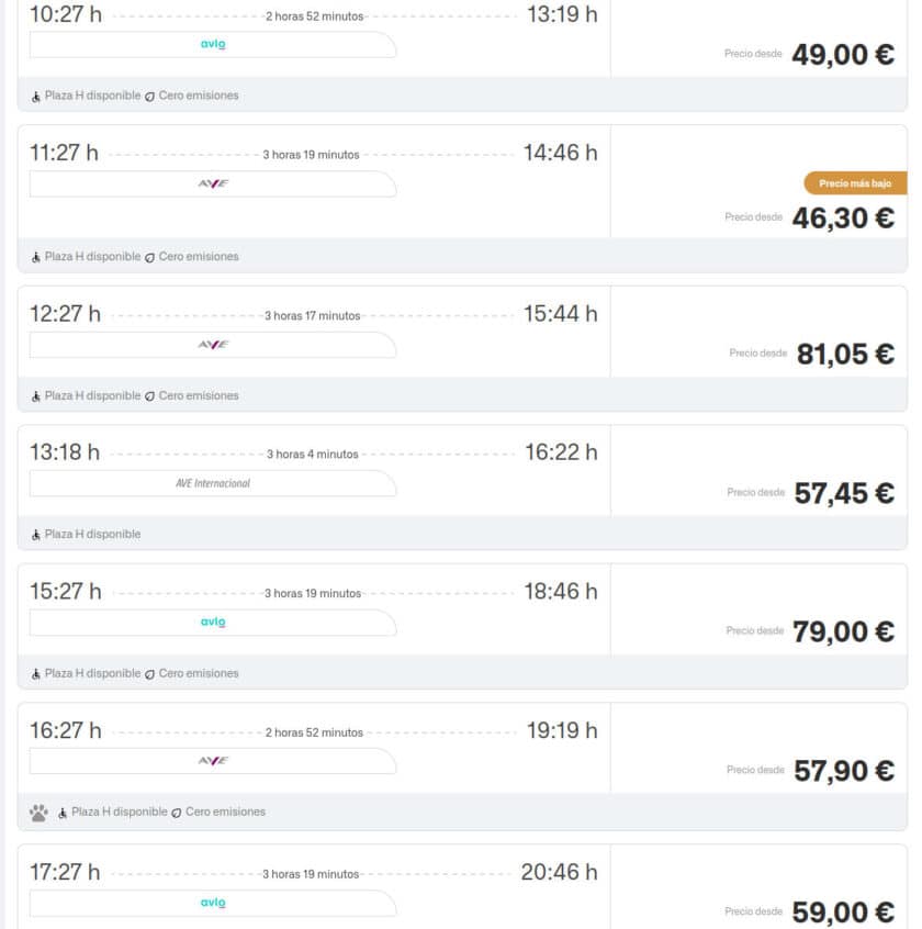 Tickets to travel between Madrid and Barcelona on Saturday 6 September, with AVE trains cheaper than Avlo trains.
