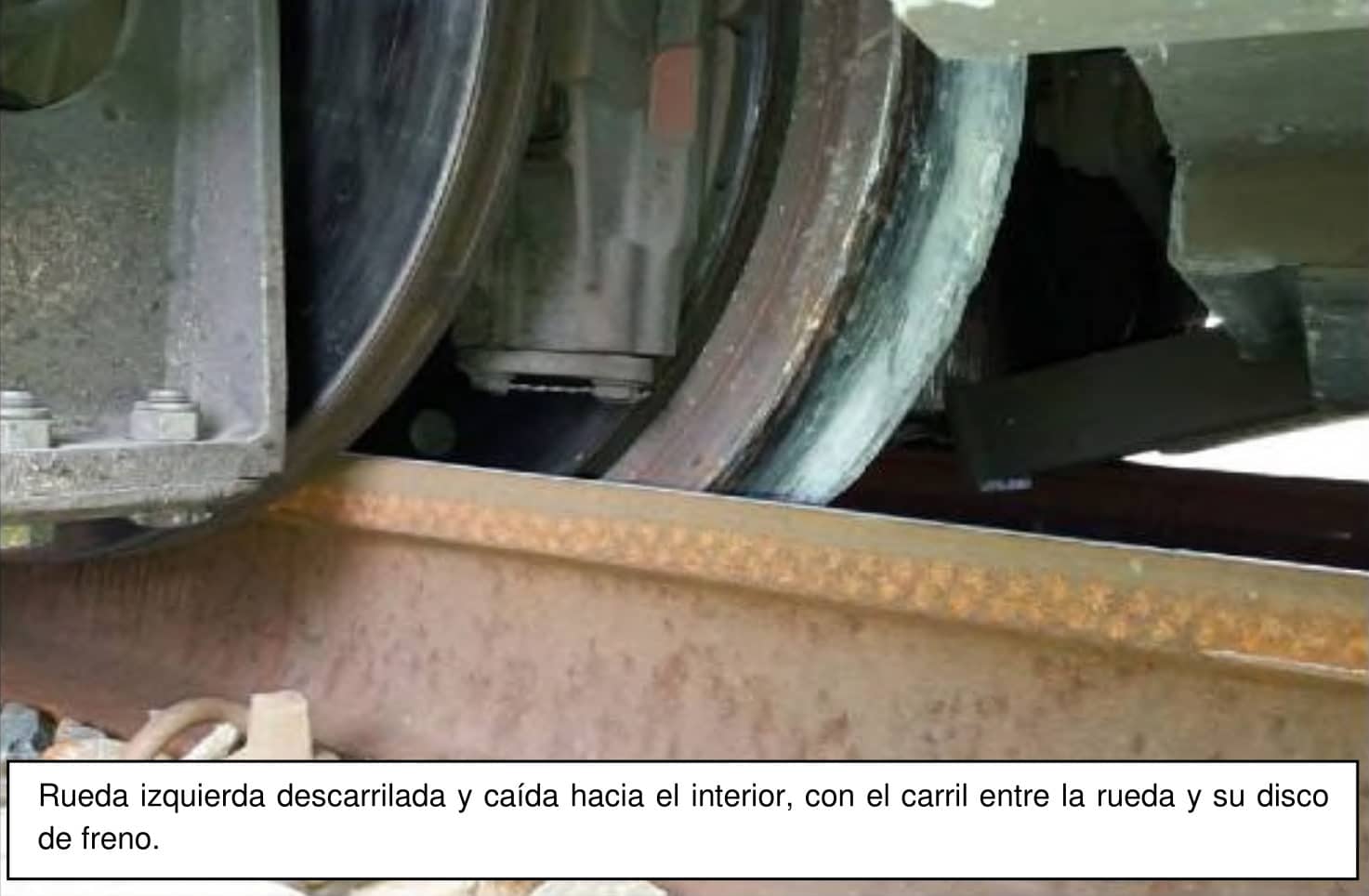 Freno de disco haciendo de guía del tren sobre el carril tras descarrilar el rodal. INFORME CIAF Freno de disco haciendo de guía del tren sobre el carril tras descarrilar el rodal. INFORME CIAF.