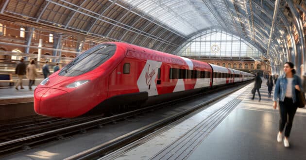 Computer design of an Avelia Stream train in Virgin Trains livery at St Pancras station. © VIRGIN.