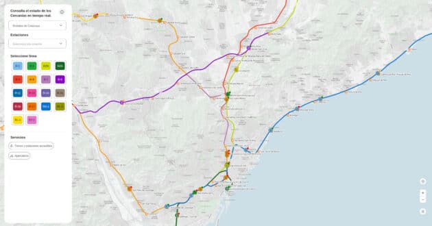 Screen shot of trains in real time on Rodalies de Catalunya.