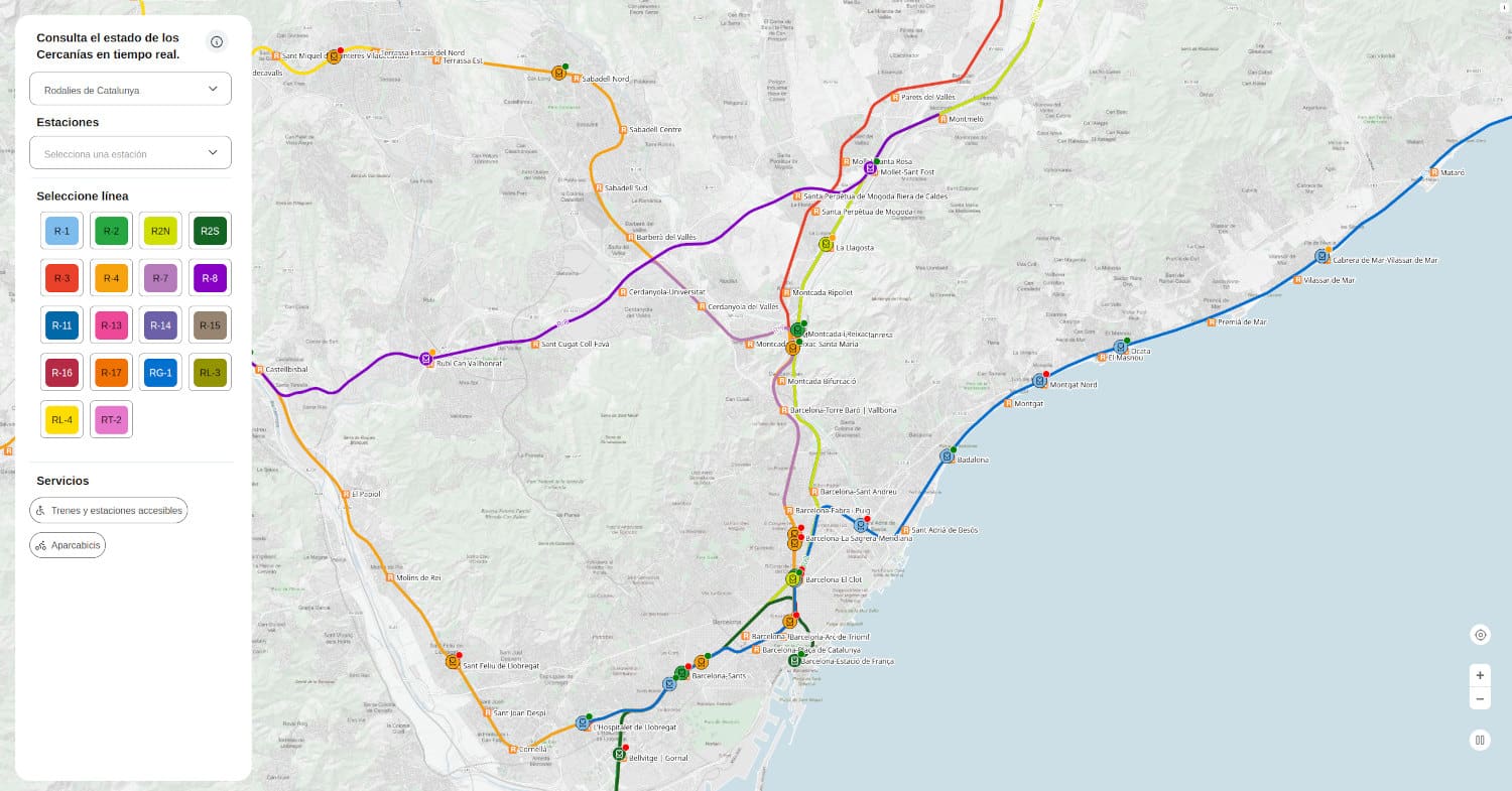 Renfe publica un mapa con los trenes de Cercanías en tiempo real