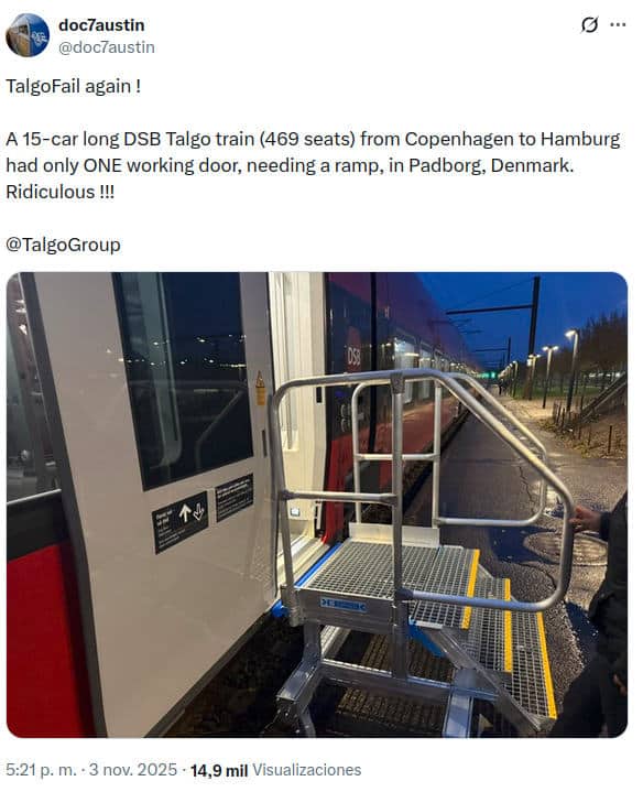 Tuit indicando el problema en la estación de Padborg, del que culpa a Talgo