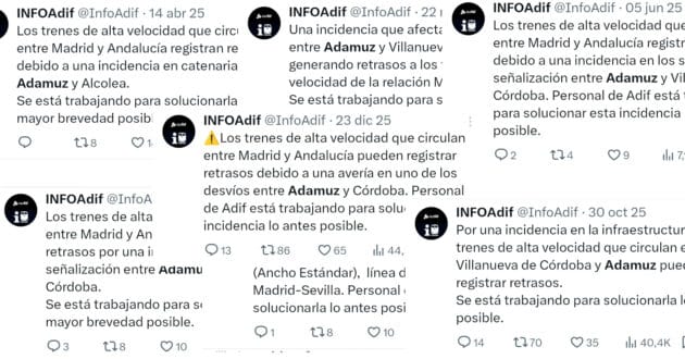 Capturas de pantalla de las siete incidencias reportadas por InfoAdif en Adamuz.