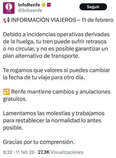 Primer mensaje de InfoRenfe avisando de la huelga, tras haber dado algunas respuestas con información parecida