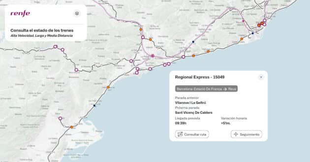 Mapa con la posición en tiempo real de trenes en Cataluña con detalles de un Regional Express.