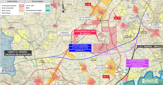Mapa de la propuesta de conexión de la LAV Madrid-Sevilla con la línea convencional Madrid-Extremadura por el entorno de Bargas. © MINISTERIO DE TRANSPORTES Y MOVILIDAD SOSTENIBLE.