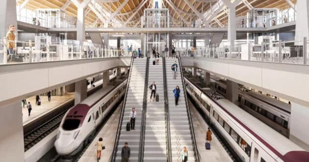 Computer-generated image showing access to the high-speed platforms from the main concourse. © SENER.