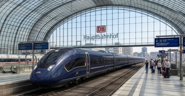 An AI-generated rendering of the train at Berlin Hauptbahnhof, based on the train design provided by Siemens Mobility.