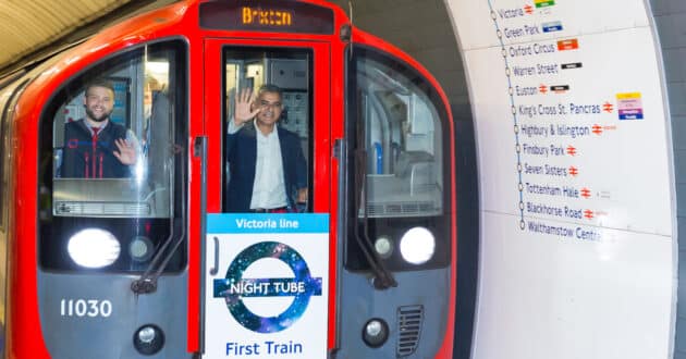 The Mayor of London, Sadiq Khan, at the launch of the Night Tube in 2016. © TFL.